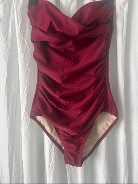 Kona Sol Ruched Strapless One-Piece Swimsuit in Deep Red